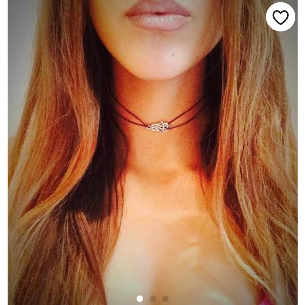 Black string choker with silver crystal  hamsa